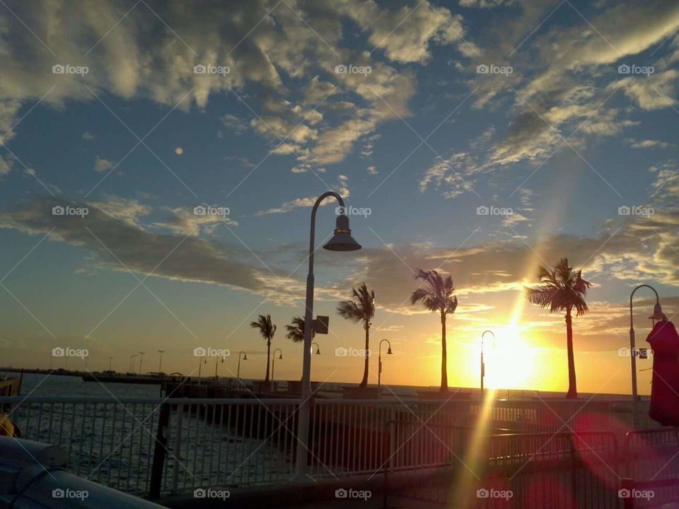 sunset on the harbor, with lanterns and palm trees