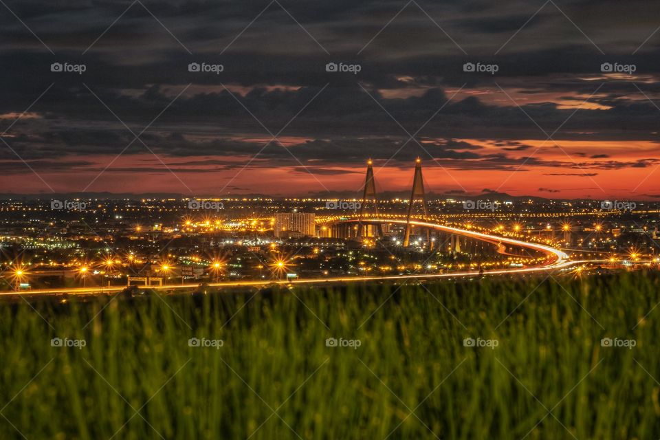 Beautiful night scene of The landmark Bhumibol Bridge in Bangkok Thailand
