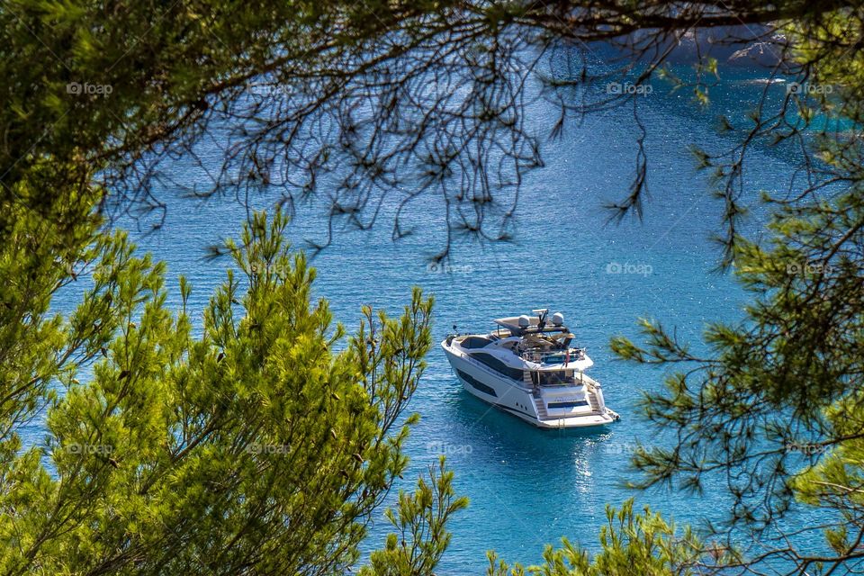 A yacht sat on a clear blue sea. Framed by trees and shrubbery with plenty of blue and green hues.