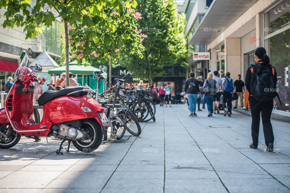 main shopping street in Stuttgart, Germany, warm May day, year 2018