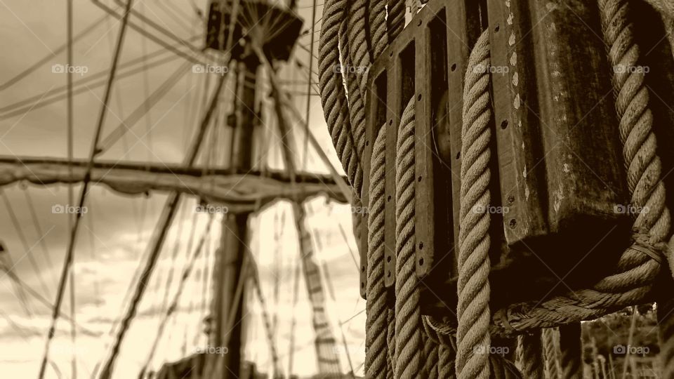 Ropes closeup of a spanish galleon, sepia effect