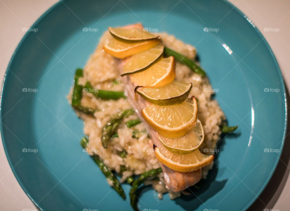 Citrus salmon and asparagus risotto