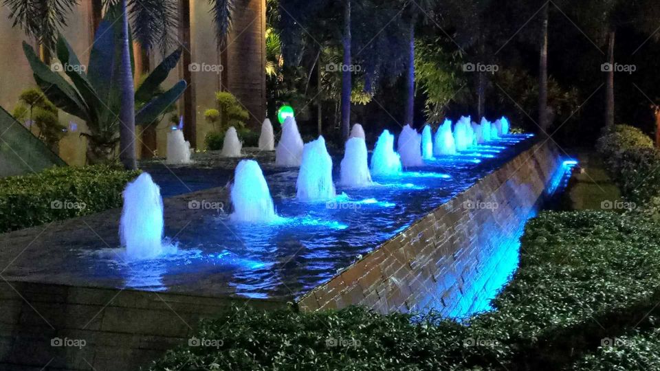 Water fountain feature outside party palace