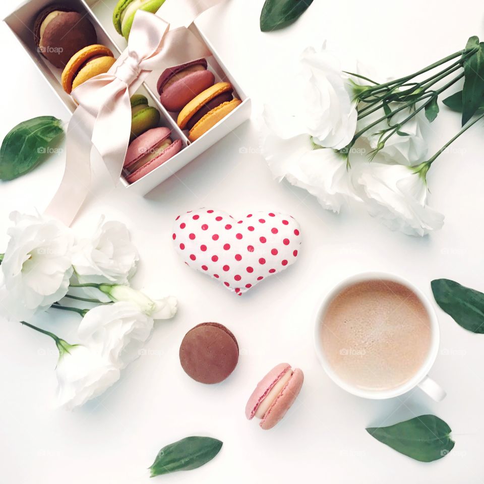 Beautiful flat lay on white background. Good morning