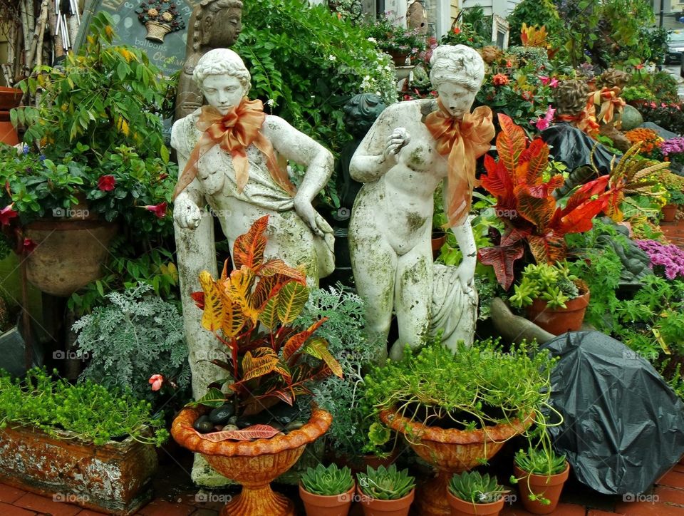 Potted plants near sculpture