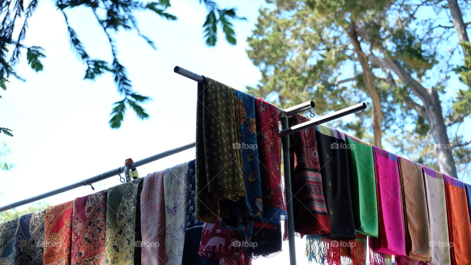 Beautiful fabric, shawls for sale in open air market