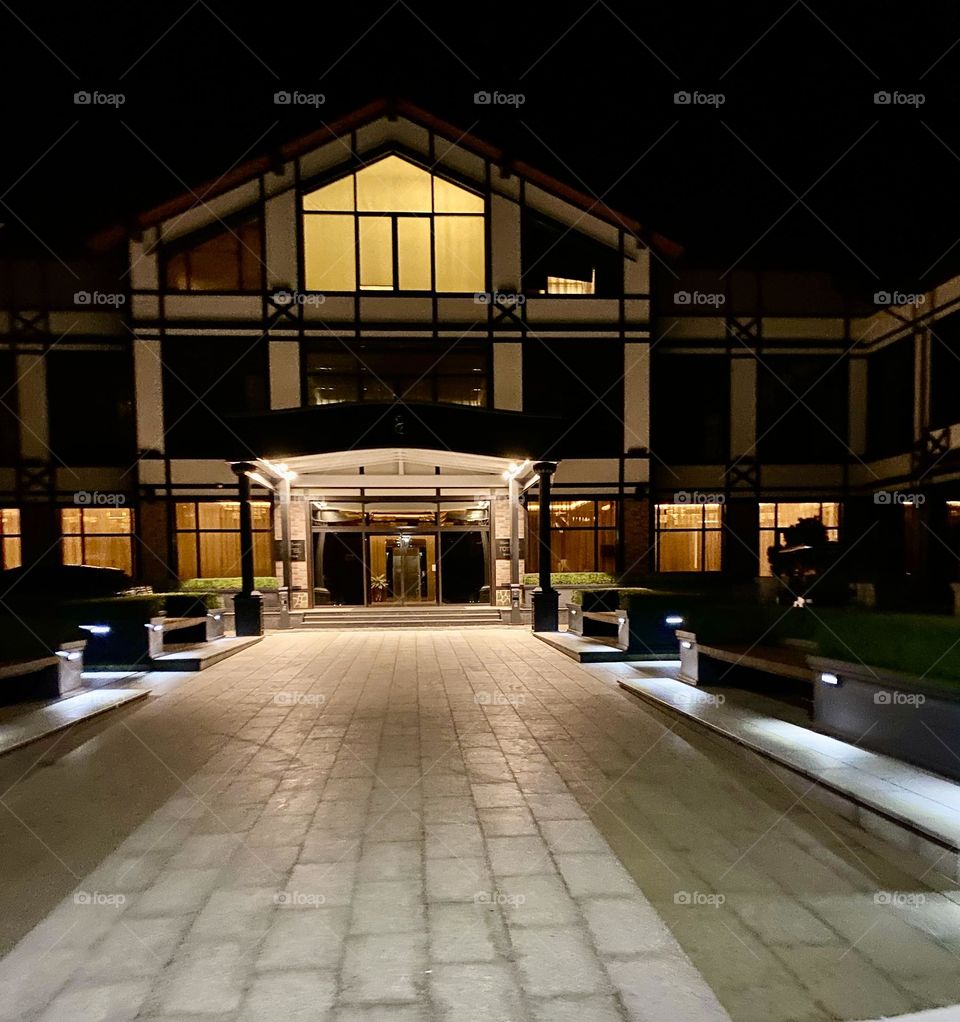 Large, beautiful country house in the evening