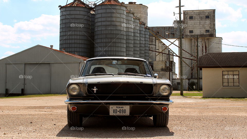 1965 Ford mustang abandoned grain silos, american classic car