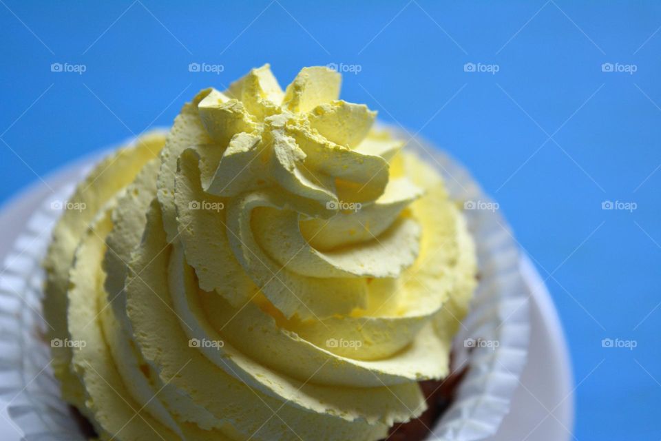 sweets cake and marshmallow yellow and blue background