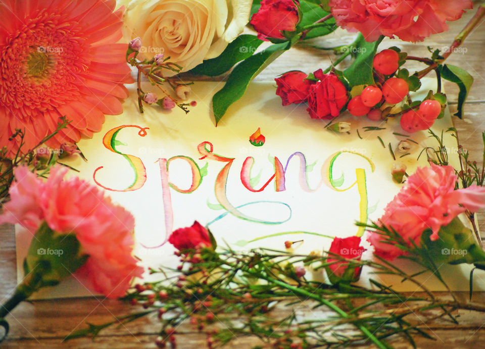 Spring, tilted, sign, flat lay, on white background, on wooden background, floral border, bloom, flowers, watercolor, lettering, bud, creative, typography, angled shot