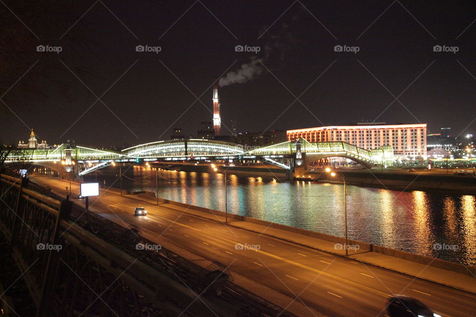 Berth, sunset, river,  Moscow, city, night city, Moscow does not sleep