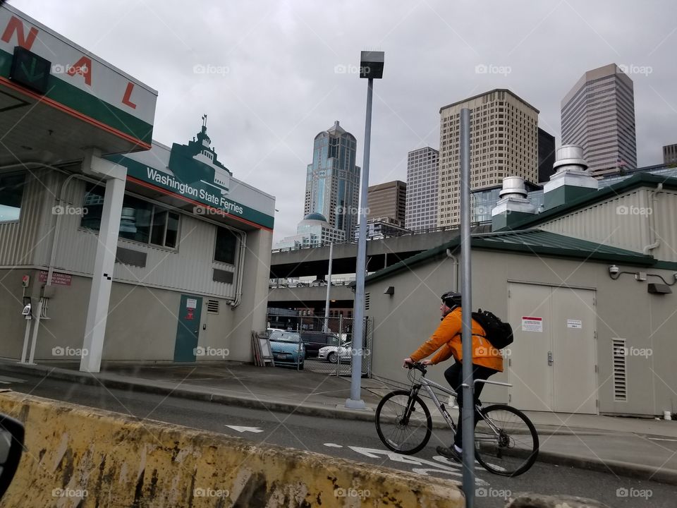 Biker Headed to Washington State Ferry