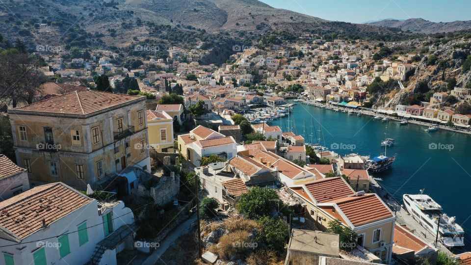 Aerial view of town on symi island 