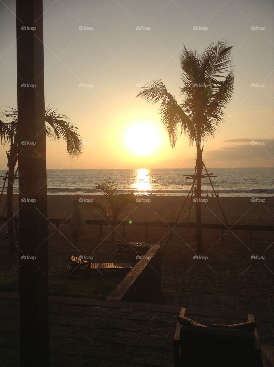Sunset on the ocean beach with three palms at dusk