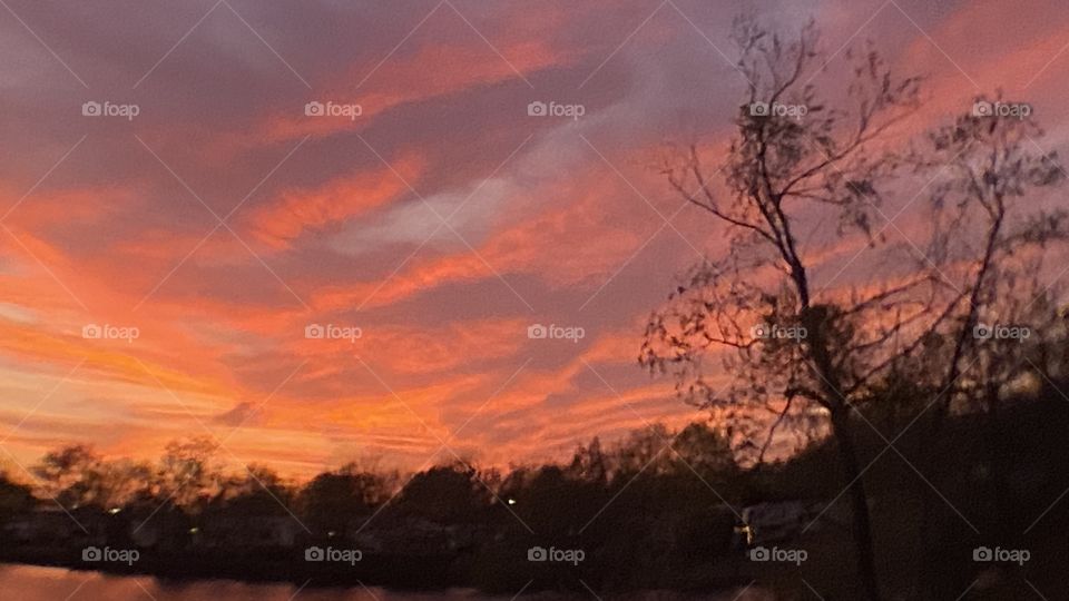 Sundown Completed Sky is opening up. Blistering Orange Slivers along with Yellows upper atmosphere bleeding down to the lower with Grays Blues Violets tops of high clouds getting into the act by opening up.