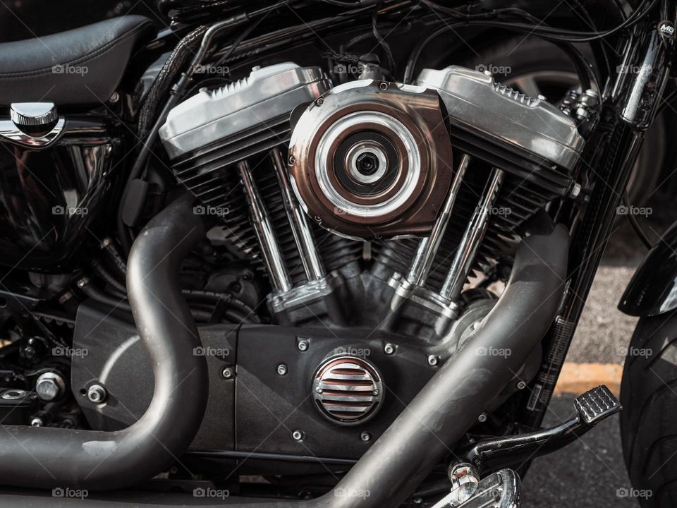 Close-up details of a classic motorcycle engine