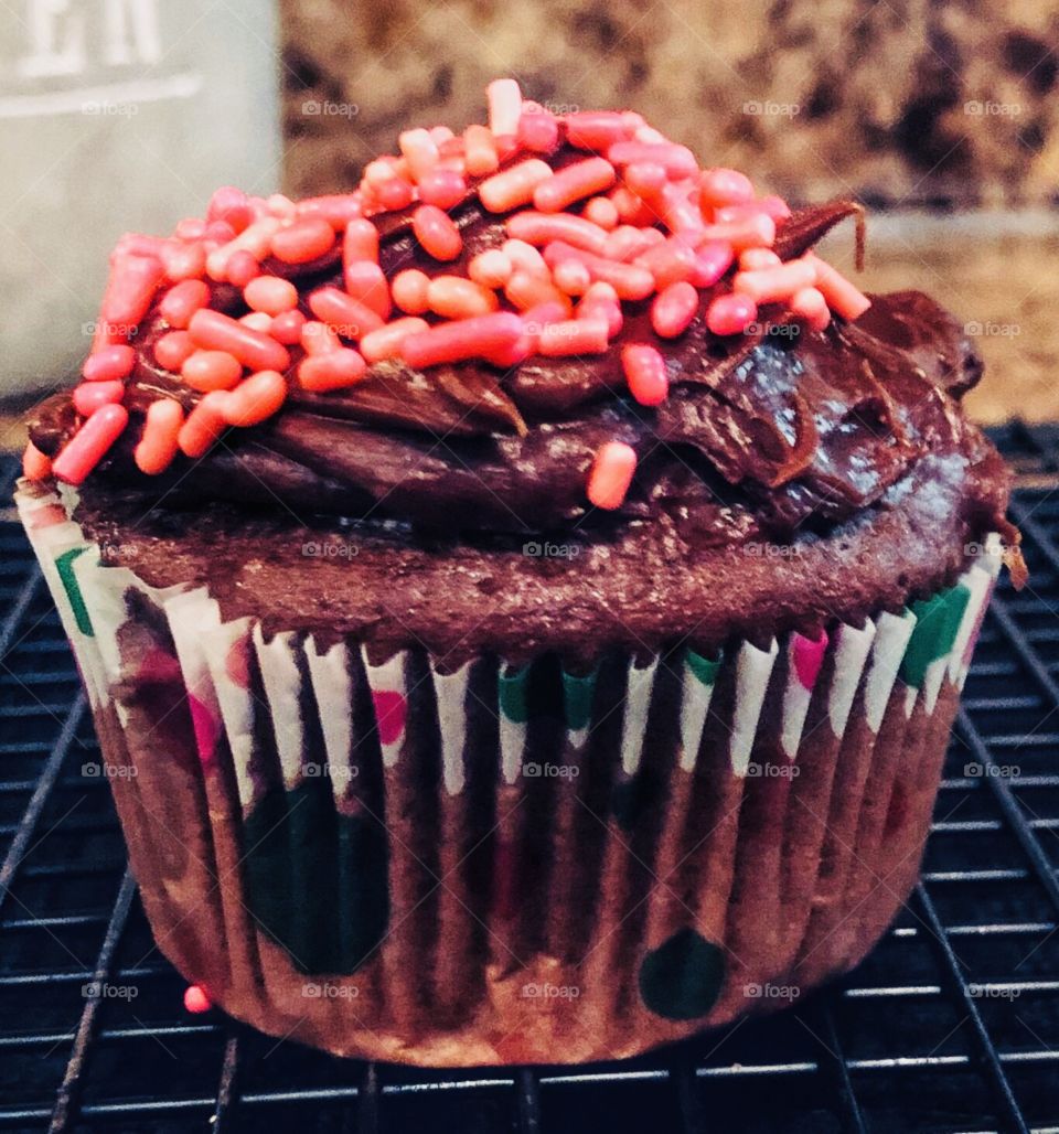 Chocolate cupcake with chocolate frosting and pink jimmies /sprinkles 