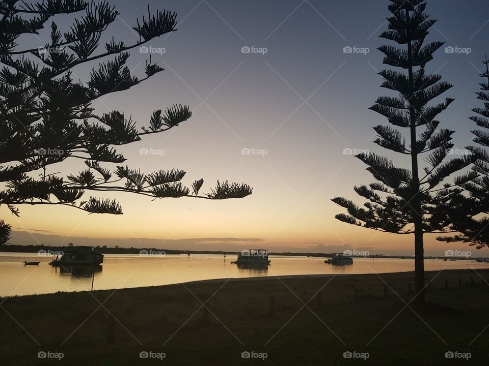 House boats in the broatwater at dawn