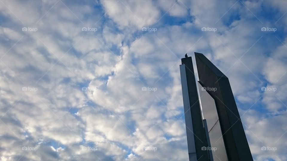 bird on a statue on clouds