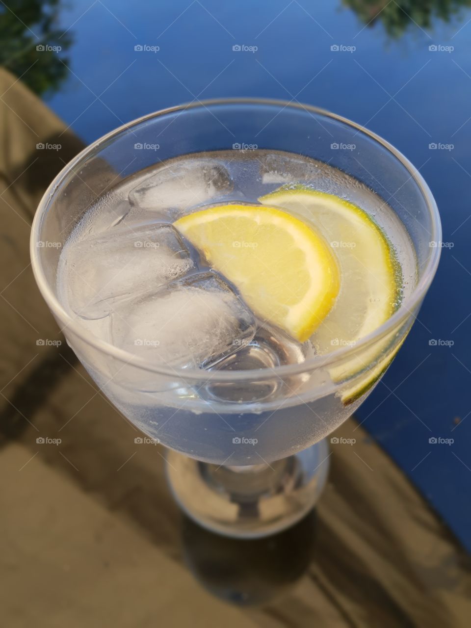 gin and tonic with a slice of lemon and lime, plus ice cubes