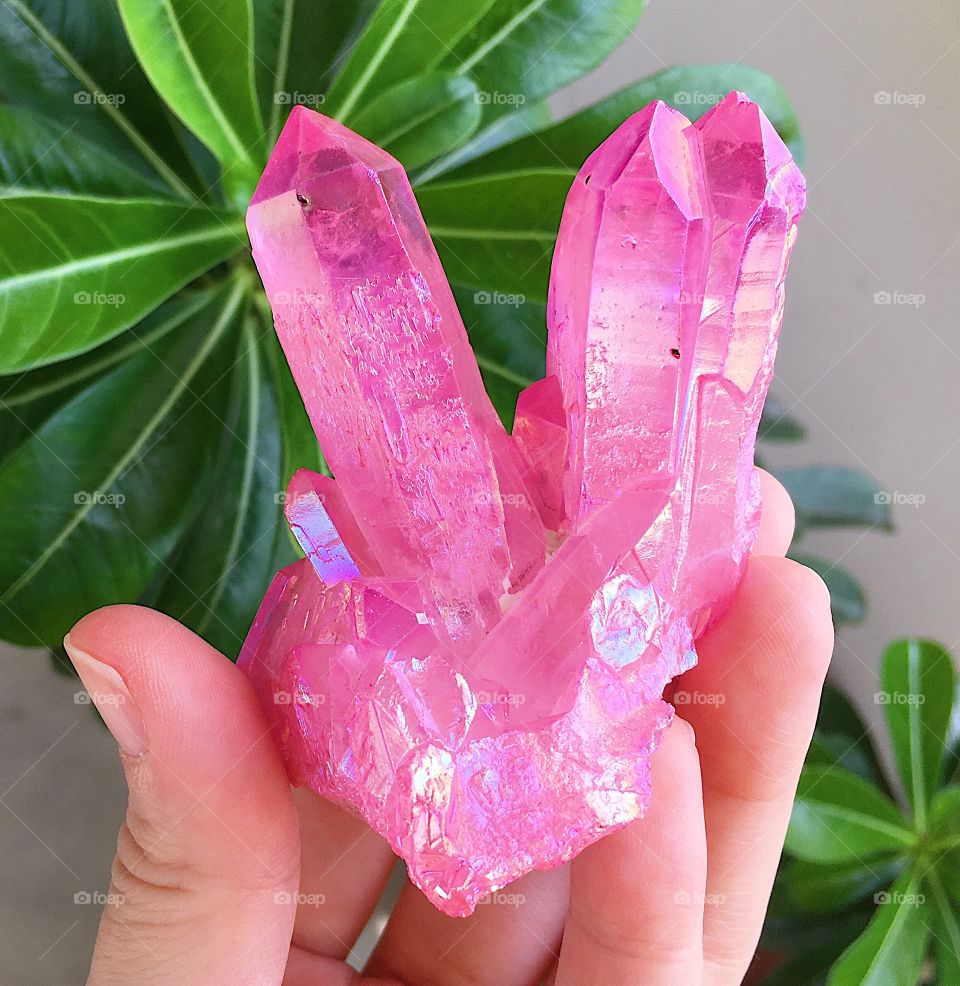 Neon pink angel aura crystal cluster