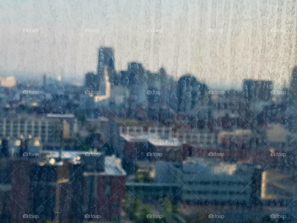 Skyline through dirty window