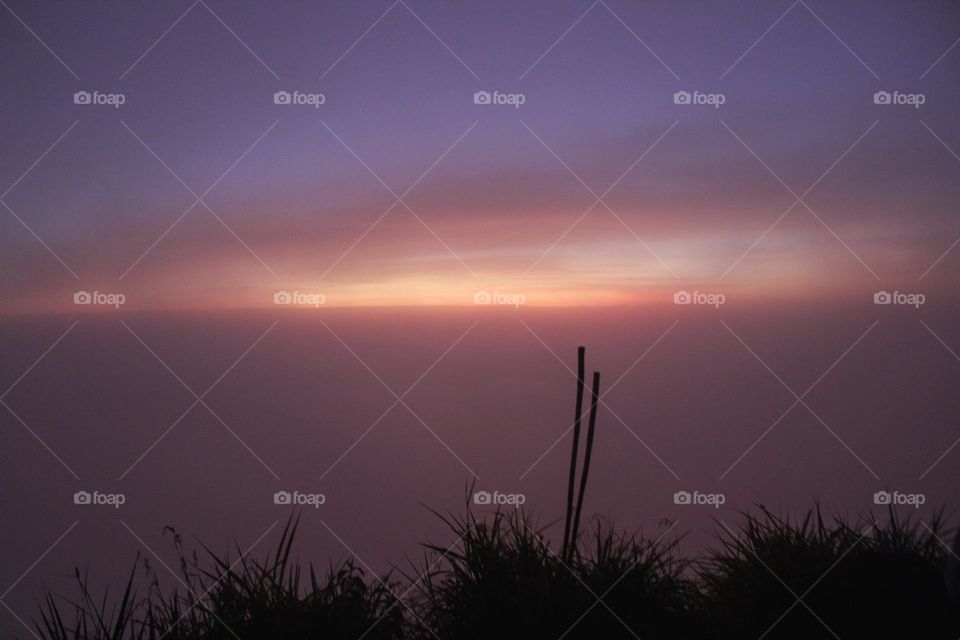 Early morning sunrise on Mount Batur in Bali, Indonesia. Two sticks are sticking in the ground, there is fog on a pink sky.