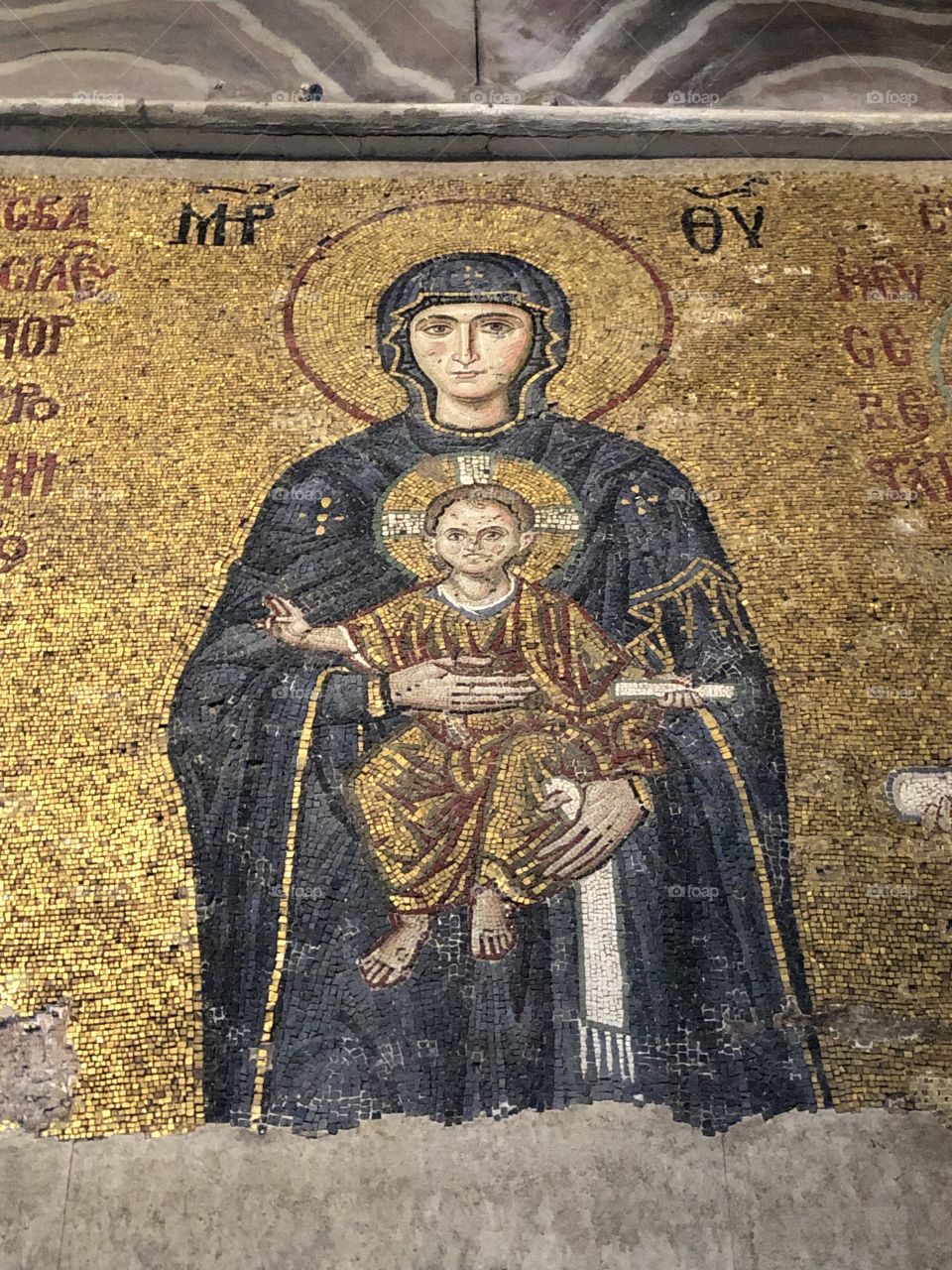 Komnenos mosaic, detail view of the composition of the Virgin Mary standing with Jesus Christ in her arms, museum of Hagia Sophia, Istanbul, Turkey