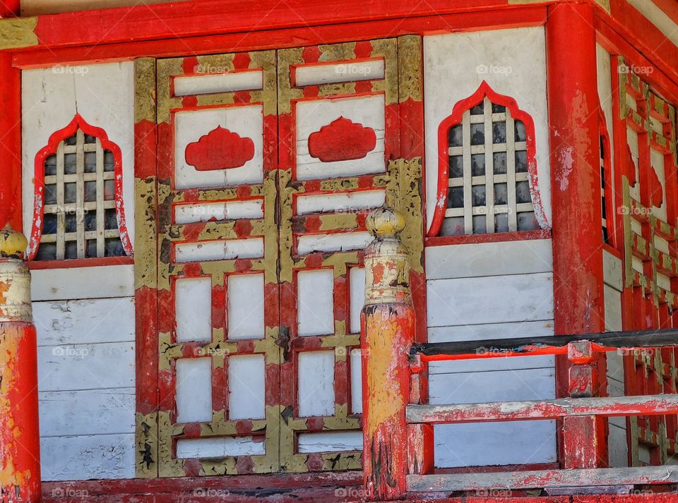 Colorful Japanese Shrine. Detail Of Painted Red Wood Of Japanese Shinto Shrine
