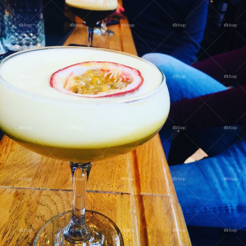Cocktail on a bar: Pornstar martini with passionfruit