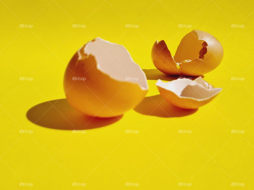 broken egg shell on yellow background