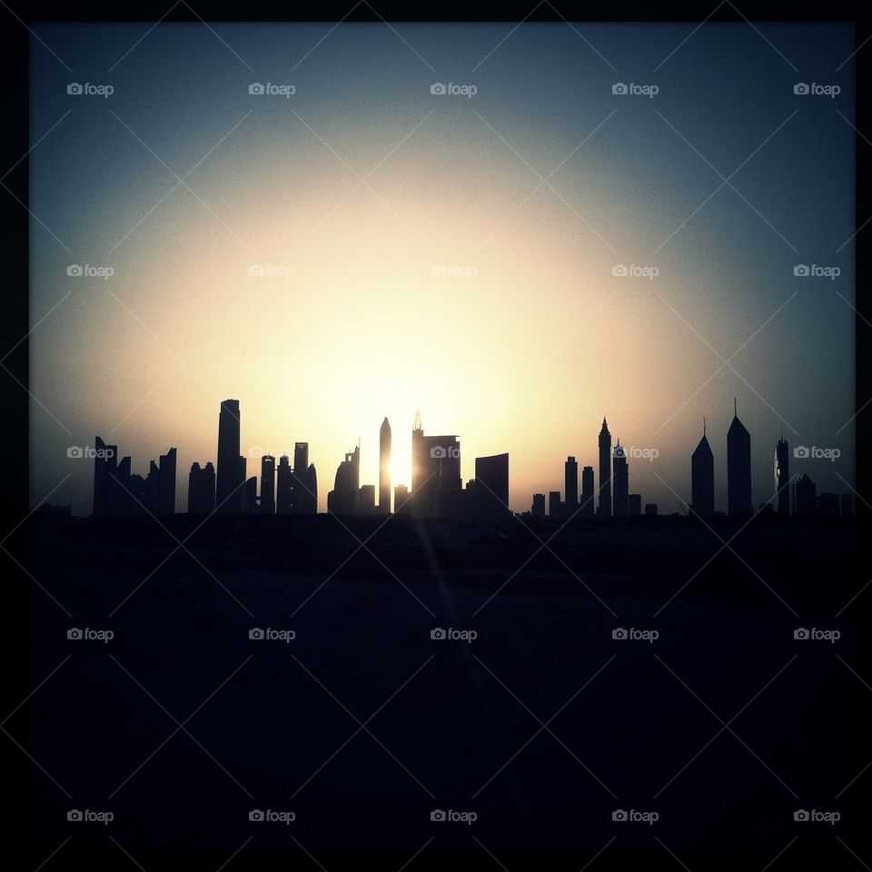 Dubai skycrapers at sunset