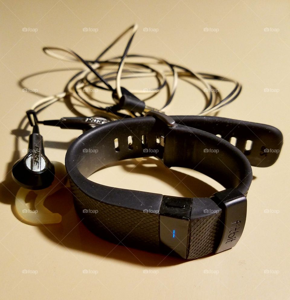 Wearable step counter, heart rate monitor Fitbit brand. Bose ear buds for workout to do.