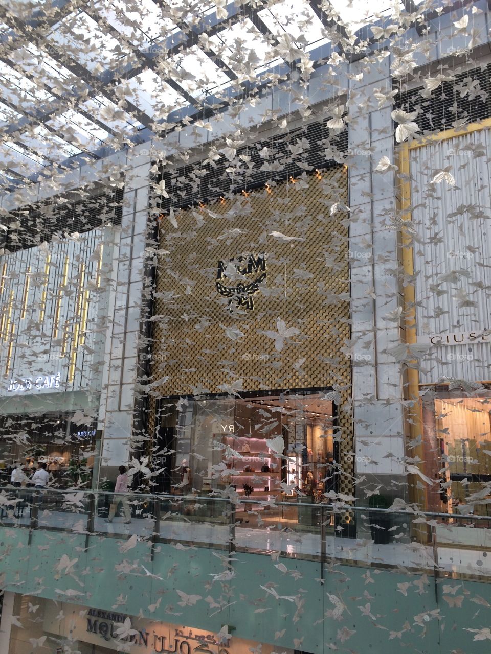 Beautiful butterfly display hanging from ceiling in luxury boutique section of the Dubai mall.