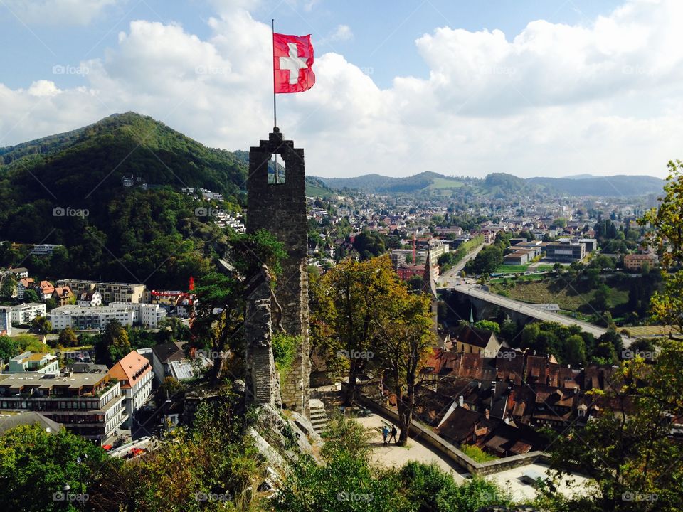 Flag on switzerland in old tower