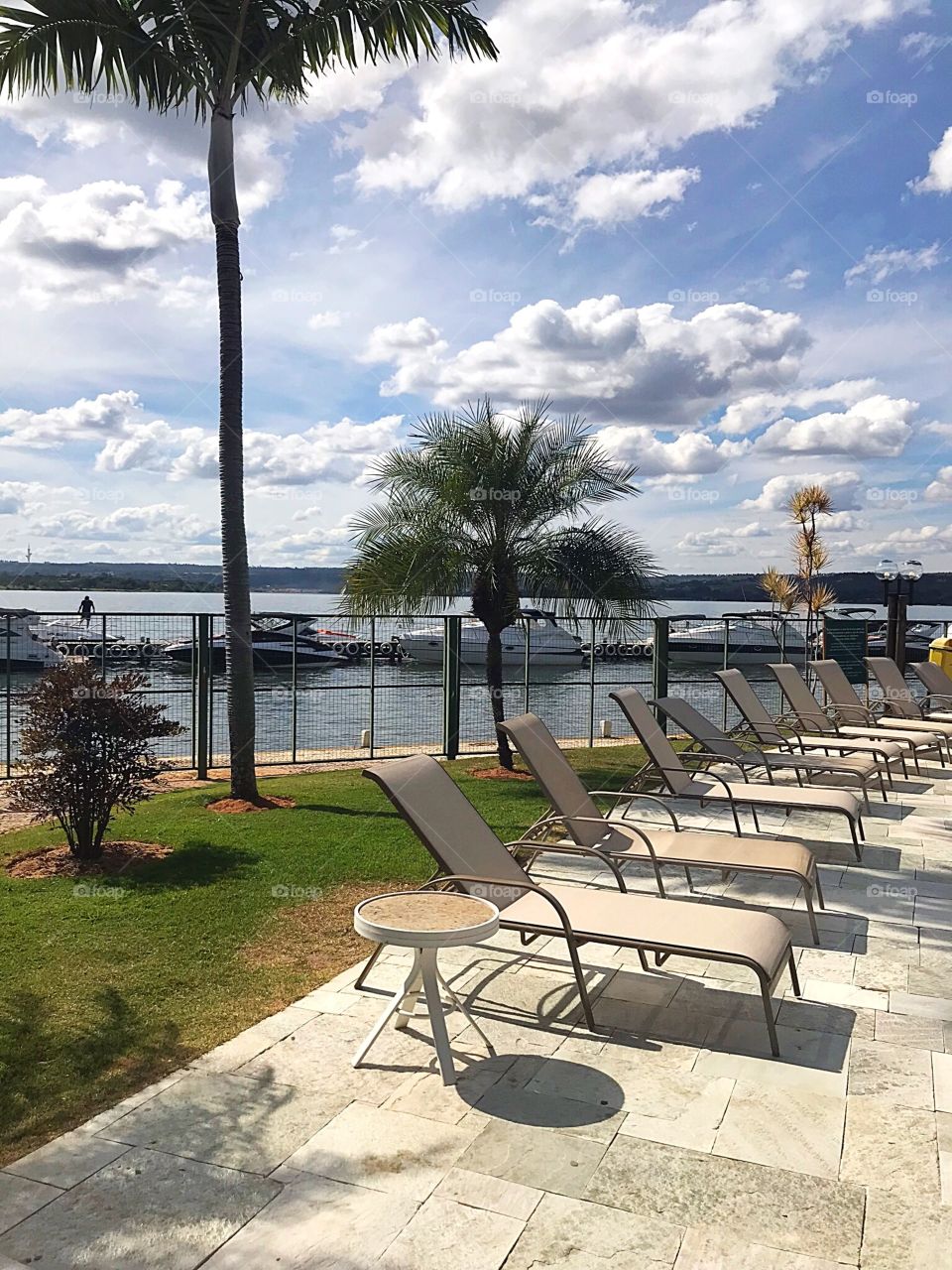 Recreation area of Lake Side hotel pool overlooking Paranoá lake in Brasilia-DF, Brazil.