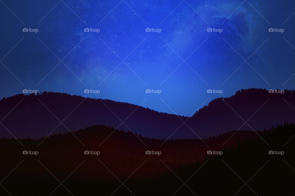 Mountain forest landscape with night sky