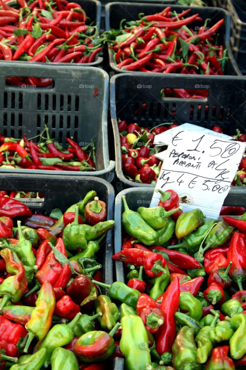 Chilli peppers for sale! . Taken at a market stall in Cetraro, Calabria, South Italy. The town is well known for it's chilli peppers 