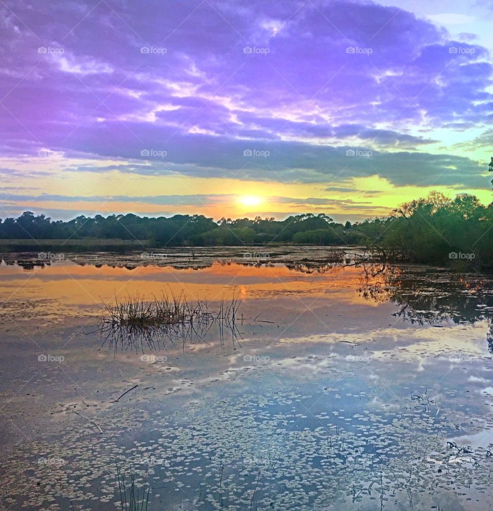 Colorful lakeside sunset