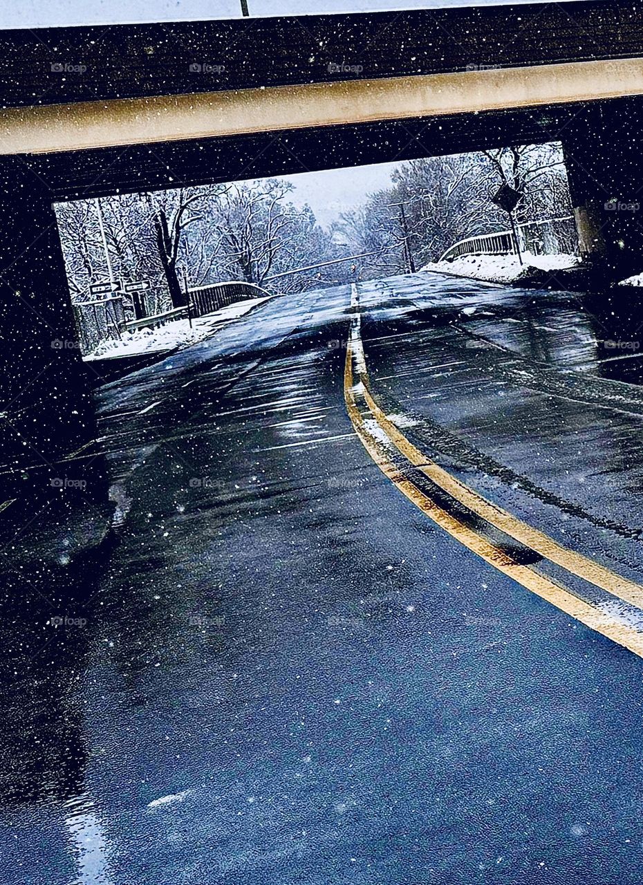 Snowscape framed in distance 