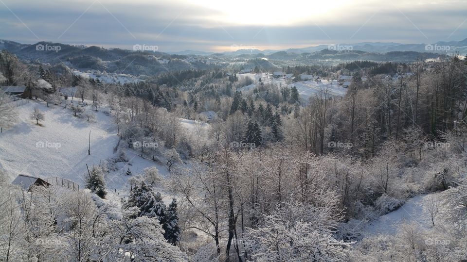 Winter sunrise in Slovenian fairytale.