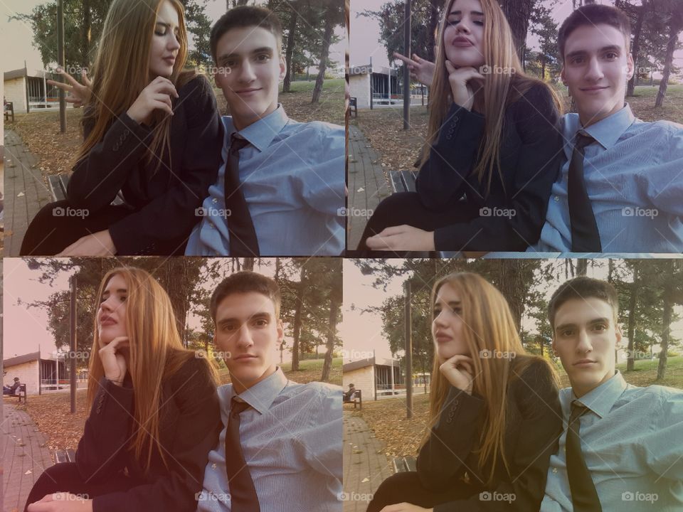 Collage of young couple sitting on bench at park