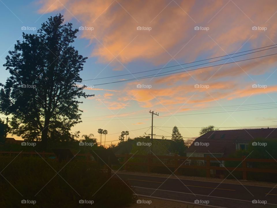 Sun setting on walking/biking trail. Anaheim, California
