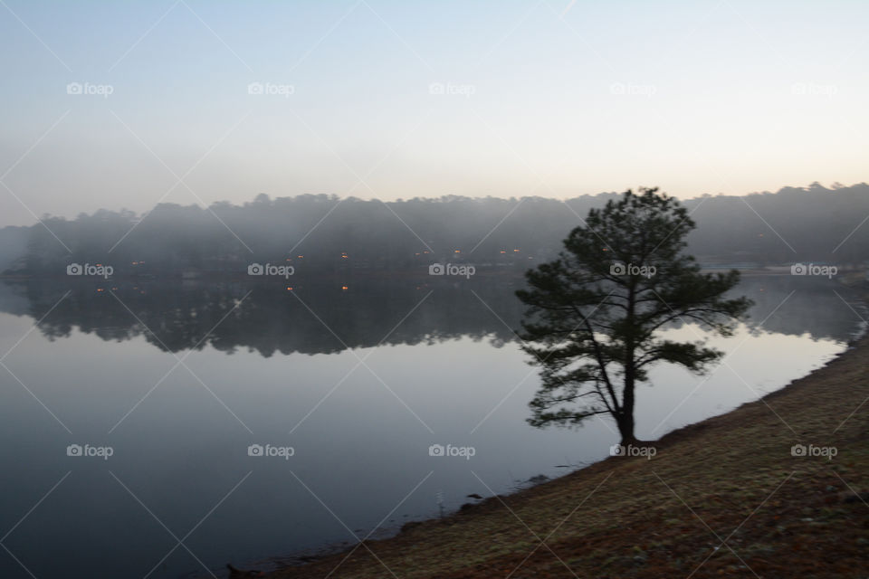 A misty morning at a lake