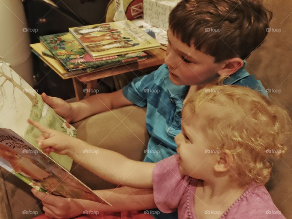 Big Brother With Little Sister. Young Boy Reading A Book To A Toddler Girl