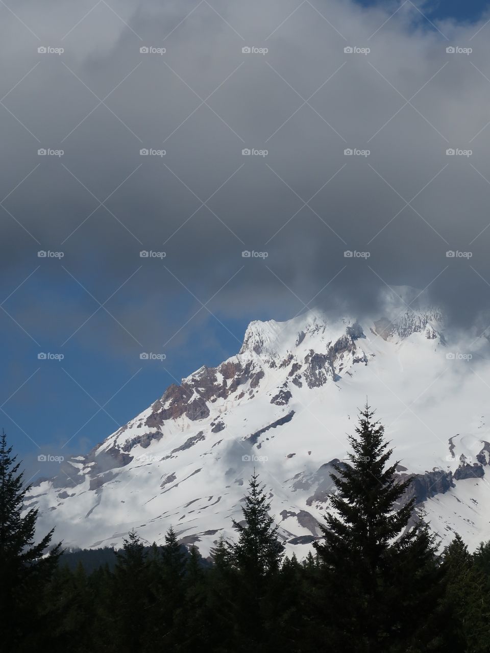 The magnificent Mt. Hood in Oregon’s Cascade Mountain Range covered in fresh springtime snow on a beautiful sunny day. 