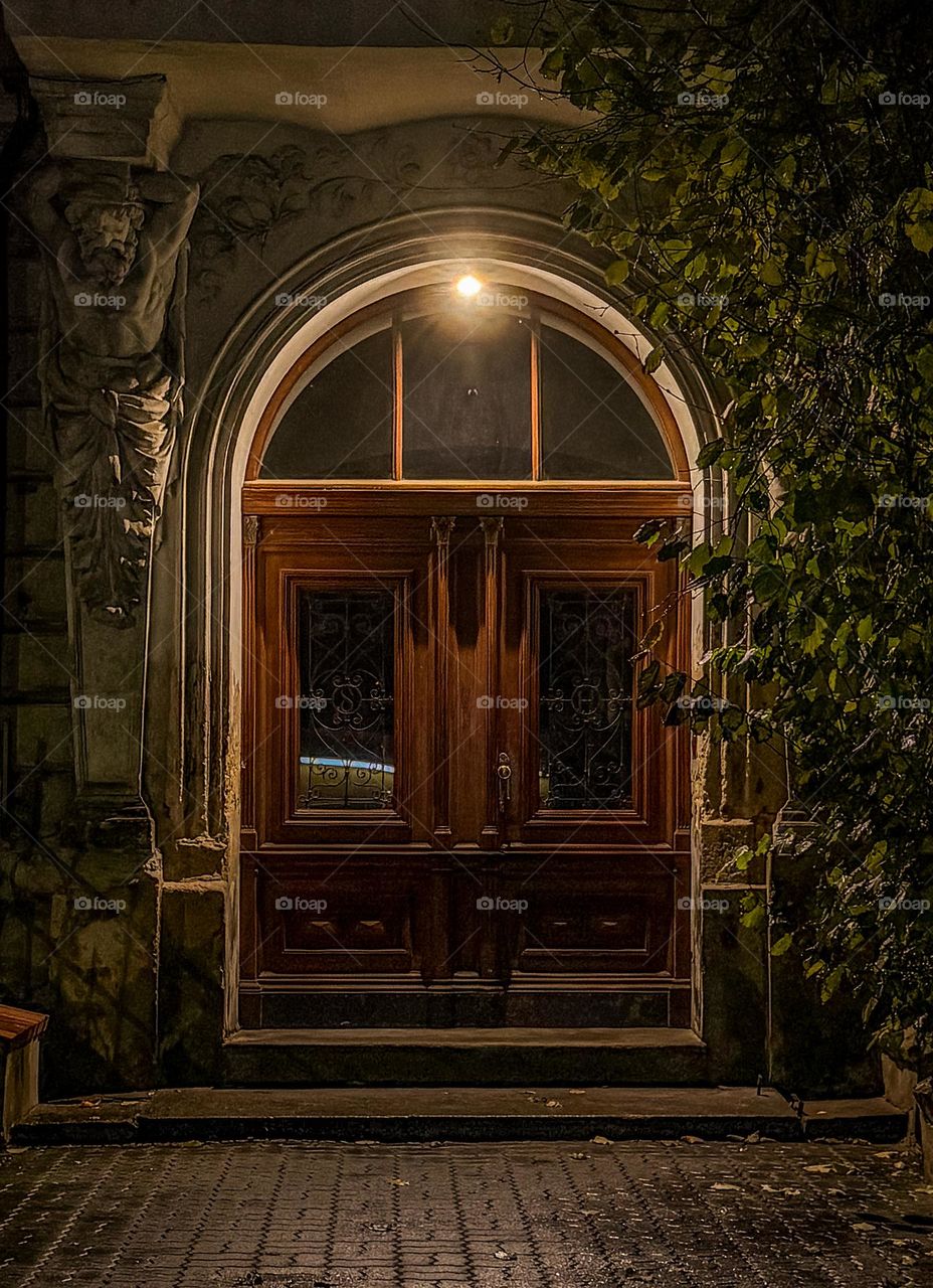 Portal to the old building with a great sculpture of a man, warm light, lantern above the entrance, warm light, old architecture, green bushes on the right side 