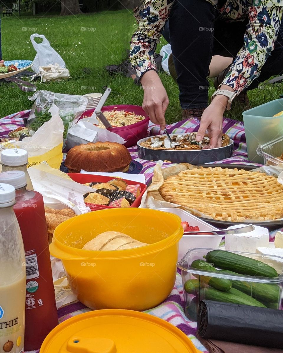 picknick at the parc with healthy vegetables and smoothies