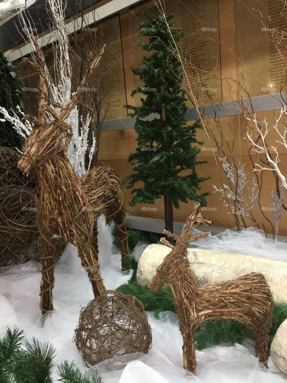 Deer Christmas Decorations
Great decorations for the Holidays that could be left up throughout the New Year. Giant wicker balls, mommy & baby deer, evergreen tree & white sparkle branch finish it off quite nicely.