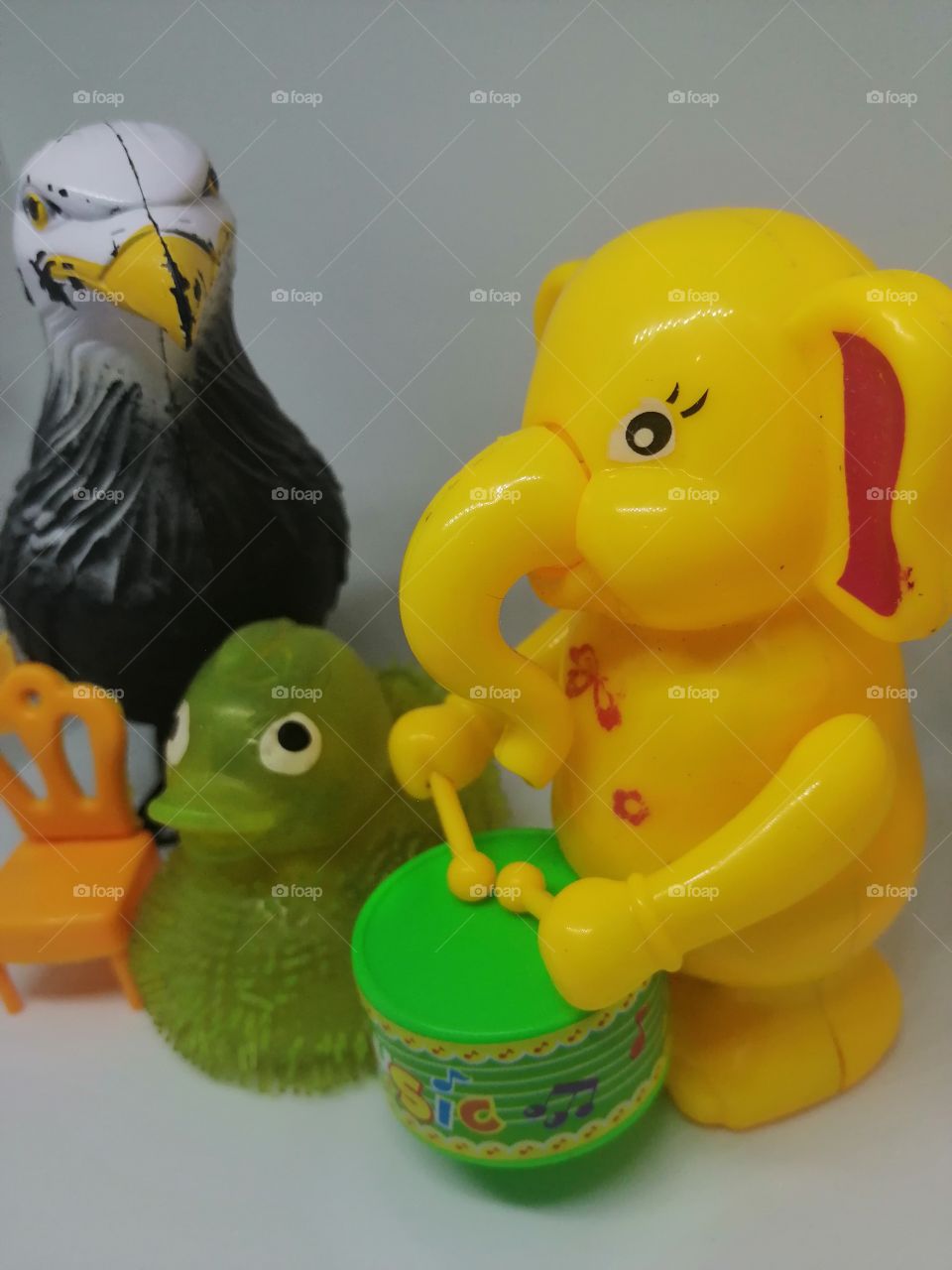Toys collection, Elephant, Duck, Eagle,and chair.